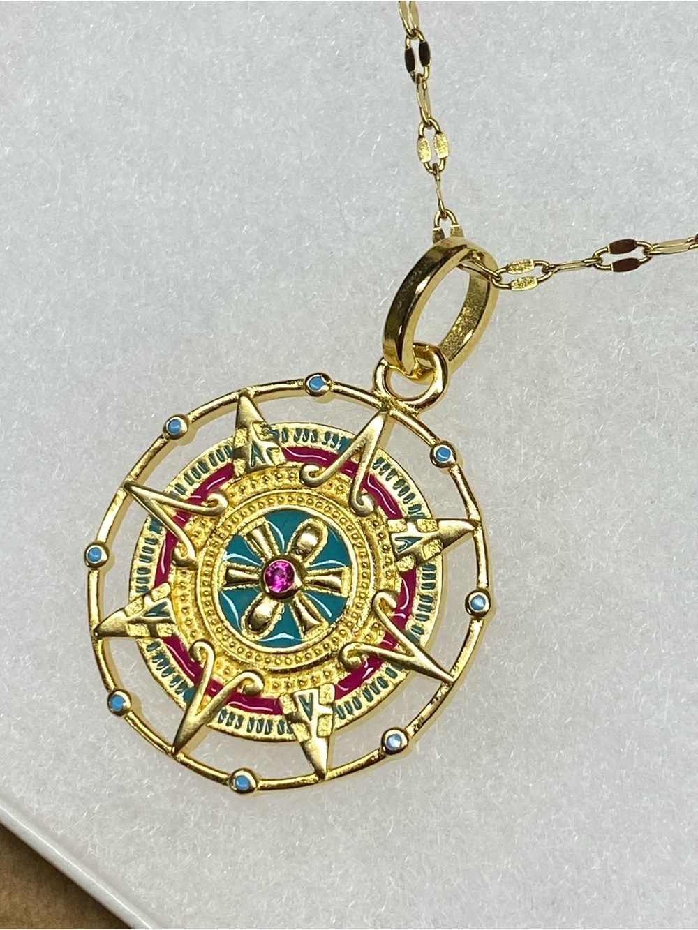 Gold Compass Medallion Necklace with Pink and Turquoise Accents